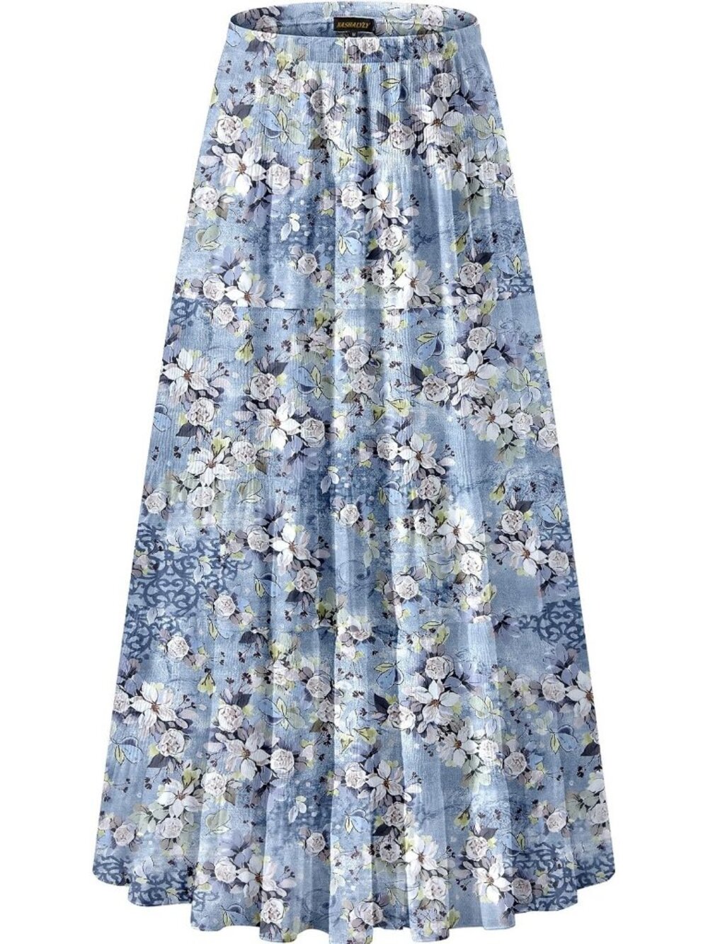 Women's Blue Floral Chiffon Elastic High Waist Pleated Flared A-Line Long Skirt
